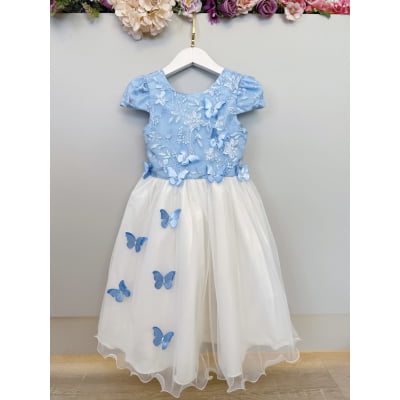 Vestido Infantil Azul C/ Bordado e Borboletas Dama Festas Luxo
