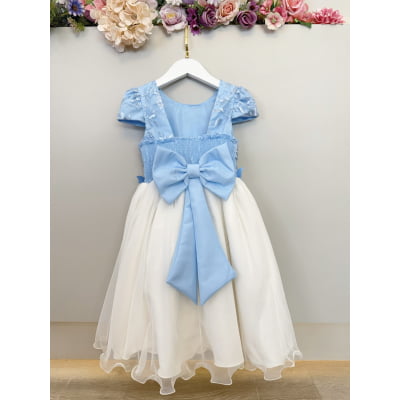 Vestido Infantil Azul C/ Bordado e Borboletas Dama Festas Luxo