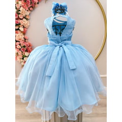 Vestido Infantil Azul C/ Renda e Aplique de Flores Damas