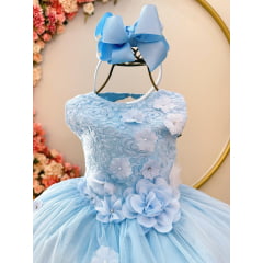 Vestido Infantil Azul C/ Renda e Aplique de Flores Damas