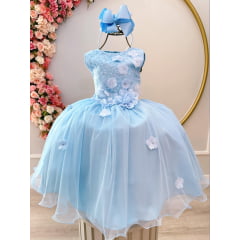 Vestido Infantil Azul C/ Renda e Aplique de Flores Formatura