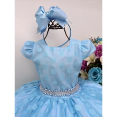 Vestido Infantil Azul Claro Bolinhas Cinto Strass Pérolas