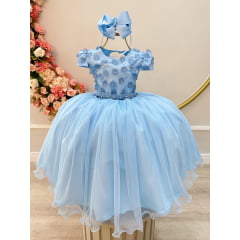 Vestido Infantil Azul Claro C/ Renda e Aplique de Flores