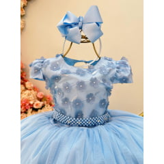 Vestido Infantil Azul Claro C/ Renda e Aplique de Flores