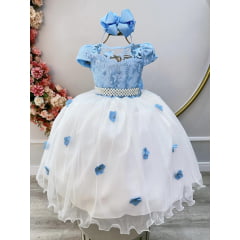 Vestido Infantil Azul Claro Saia Off C/ Renda e Aplique Flores