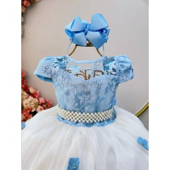 Vestido Infantil Azul Claro Saia Off C/ Renda e Aplique Flores