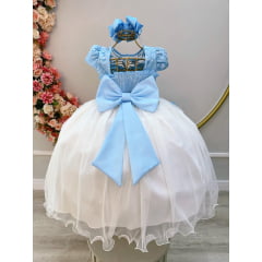 Vestido Infantil Azul Claro Saia Off C/ Renda e Aplique Flores