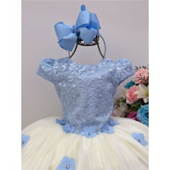 Vestido Infantil Azul e Off Aplique Flores Renda Luxo