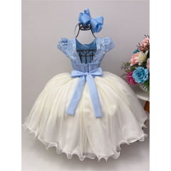 Vestido Infantil Azul e Off Aplique Flores Renda Luxo