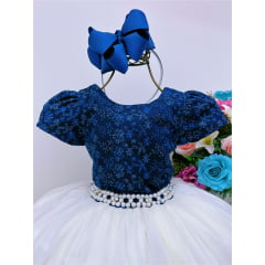 Vestido Infantil Azul Marinho e Off Renda Brilho Luxo Festas