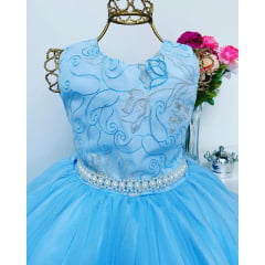Vestido Infantil Azul Princesa Frozzen Luxo Cinto Pérolas