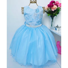 Vestido Infantil Azul Princesa Frozzen Luxo Cinto Pérolas