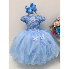 Vestido Infantil Azul Renda Aplique Borboletas Dama Princesa