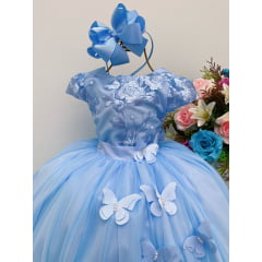Vestido Infantil Azul Renda Aplique Borboletas Dama Princesa