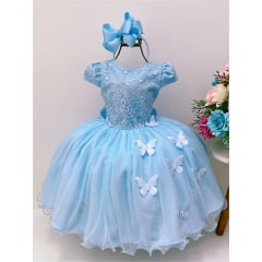 Vestido Infantil Azul Renda Aplique Borboletas Pérolas Dama Pérolas