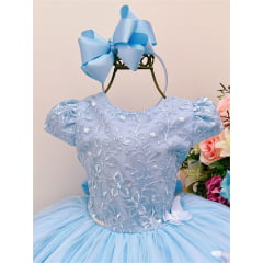 Vestido Infantil Azul Renda Aplique Borboletas Pérolas Dama Pérolas