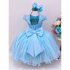 Vestido Infantil Azul Renda Aplique Borboletas Pérolas Dama Pérolas