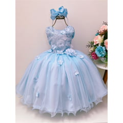 Vestido Infantil Azul Renda e Aplique de Flores Strass Luxo