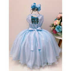 Vestido Infantil Azul Renda e Aplique de Flores Strass Luxo