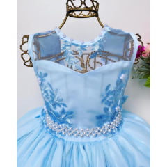 Vestido Infantil Azul Renda Luxo e Pérolas Damas