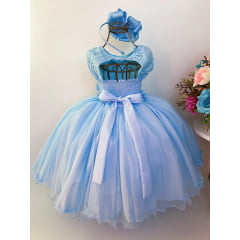 Vestido Infantil Azul Rendado Luxo Flores em Aplique