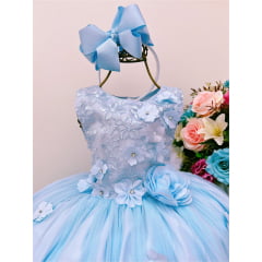 Vestido Infantil Azul Rendado Luxo Flores em Aplique Strass