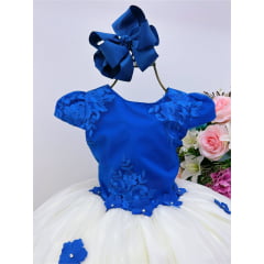 Vestido Infantil Azul Royal e Off Aplique Flores Renda Luxo
