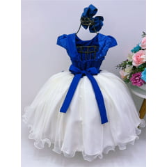Vestido Infantil Azul Royal e Off Aplique Flores Renda Luxo