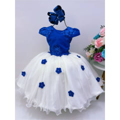 Vestido Infantil Azul Royal e Off Aplique Flores Renda Luxo