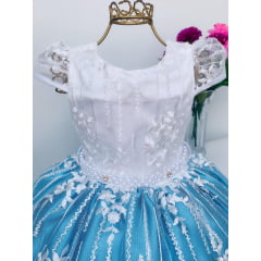 Vestido Infantil Azul Tiffany Renda Branca Realeza Luxo