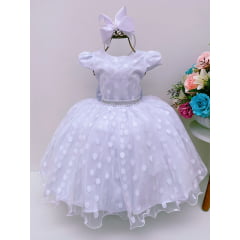 Vestido Infantil Branco Bolinhas Cinto Strass C/ Pérolas Luxo