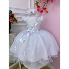 Vestido Infantil Branco C/ Renda e Aplique Borboletas Damas