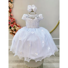 Vestido Infantil Branco C/ Renda e Aplique de Flores Daminha