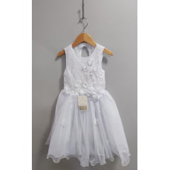 Vestido Infantil Branco C/ Renda e Aplique de Flores Formatura