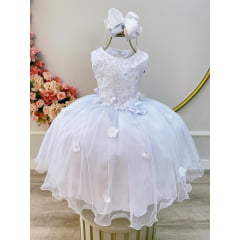 Vestido Infantil Branco C/ Renda e Aplique de Flores Formatura