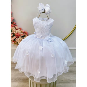 Vestido Infantil Branco C/ Renda e Aplique de Flores Formatura