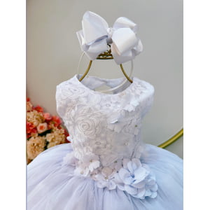 Vestido Infantil Branco C/ Renda e Aplique de Flores Formatura