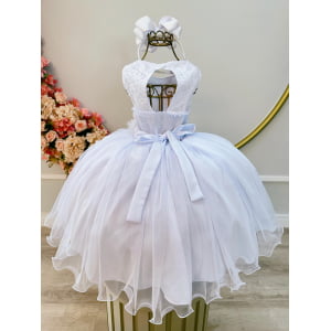 Vestido Infantil Branco C/ Renda e Aplique de Flores Formatura