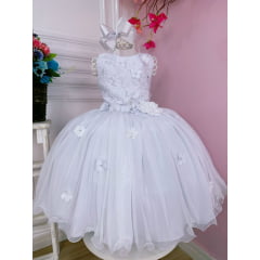 Vestido Infantil Branco C/ Renda e Aplique de Flores Luxo