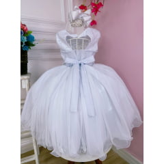 Vestido Infantil Branco C/ Renda e Aplique de Flores Luxo