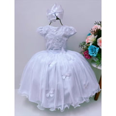 Vestido Infantil Branco C/ Renda e Borboletas Dama Princesas