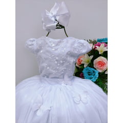 Vestido Infantil Branco C/ Renda e Borboletas Dama Princesas