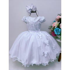 Vestido Infantil Branco C/ Renda e Borboletas Princesas Dama