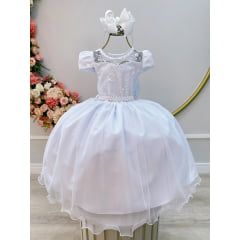 Vestido Infantil Branco C/ Renda e Pérolas Festas Daminhas