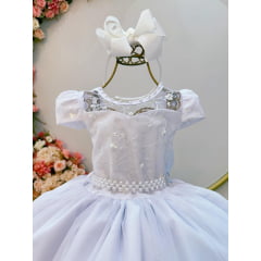 Vestido Infantil Branco C/ Renda e Pérolas Festas Daminhas