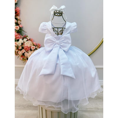 Vestido Infantil Branco C/ Renda e Pérolas Festas Daminhas