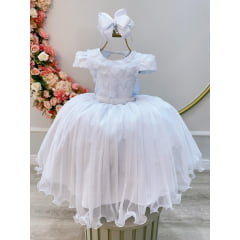 Vestido Infantil Branco Com Renda e Aplique de Flores Luxo