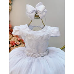 Vestido Infantil Branco Com Renda e Aplique de Flores Luxo