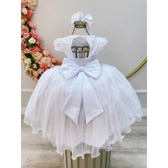 Vestido Infantil Branco Com Renda e Aplique de Flores Luxo