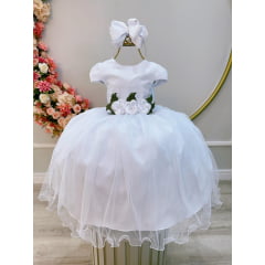 Vestido Infantil Branco Damas C/ Renda e Broche de Flores